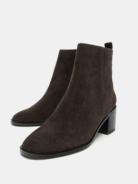 Zara Brown Suede Ankle Boot Block Heel Round Toe Side Zip 42-11 NWT Classic Chic
